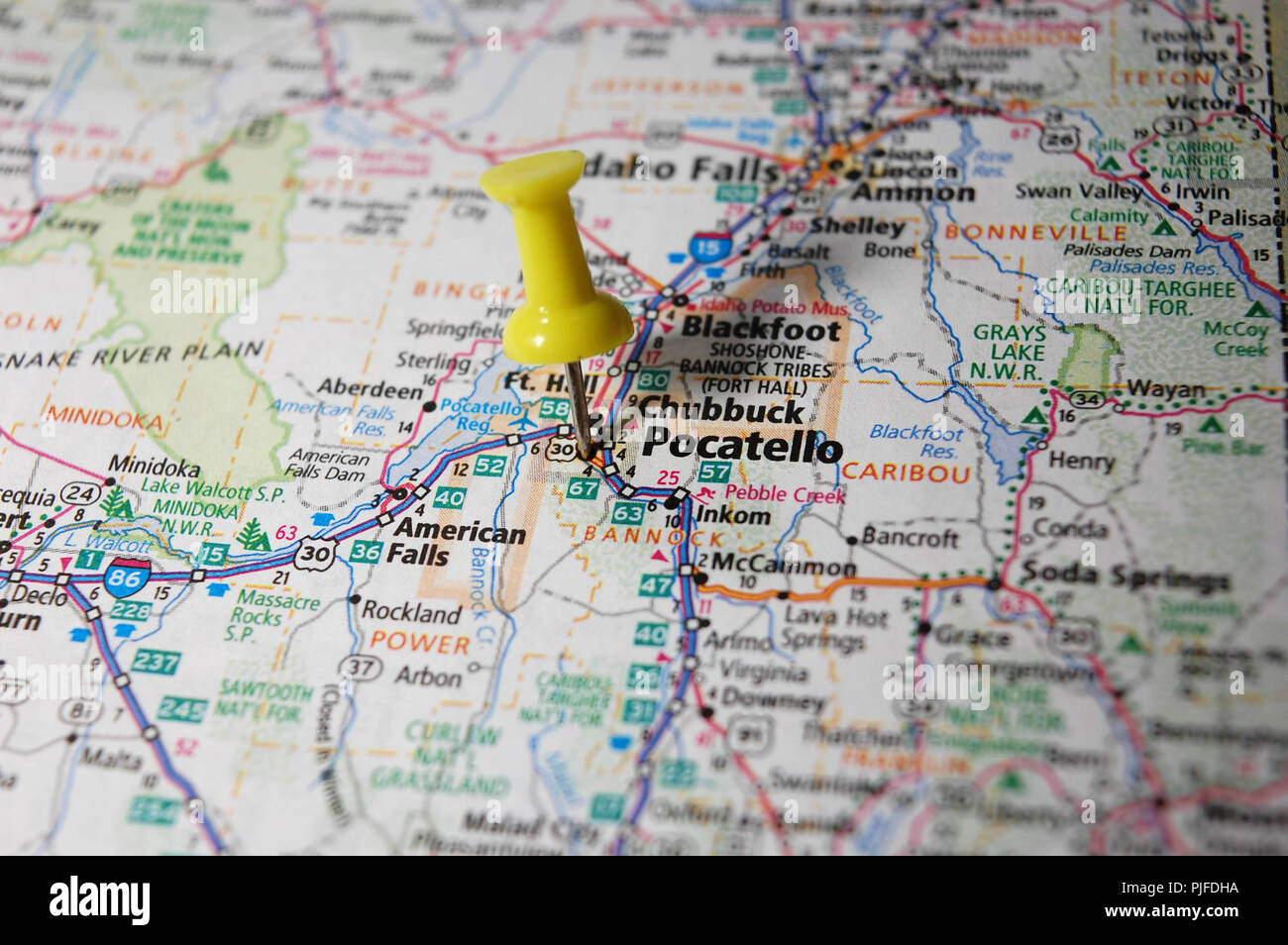 Una mappa di Pocatello, Idaho contrassegnati con un perno di spinta. Foto Stock