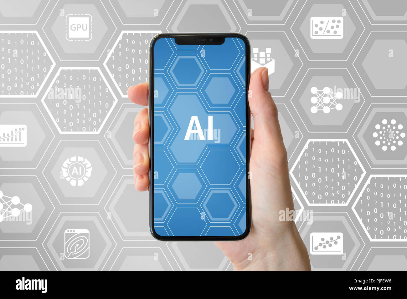 AI / di intelligenza artificiale concetto. Mano azienda moderna smartphone prive di telaio di fronte a uno sfondo neutro con icone Foto Stock