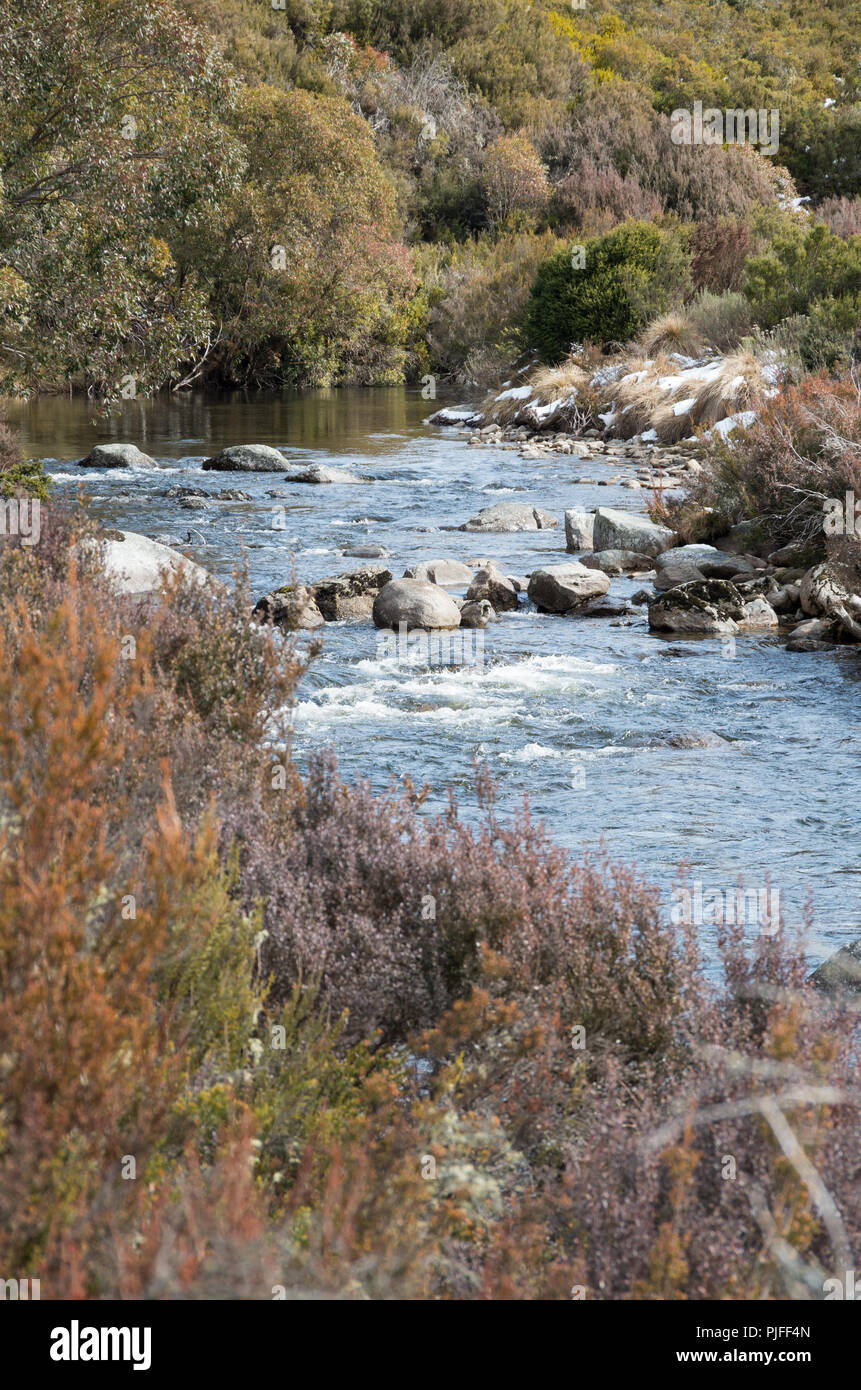 Thredbo fiume dopo la caduta di neve a pochi giorni prima in inverno Foto Stock