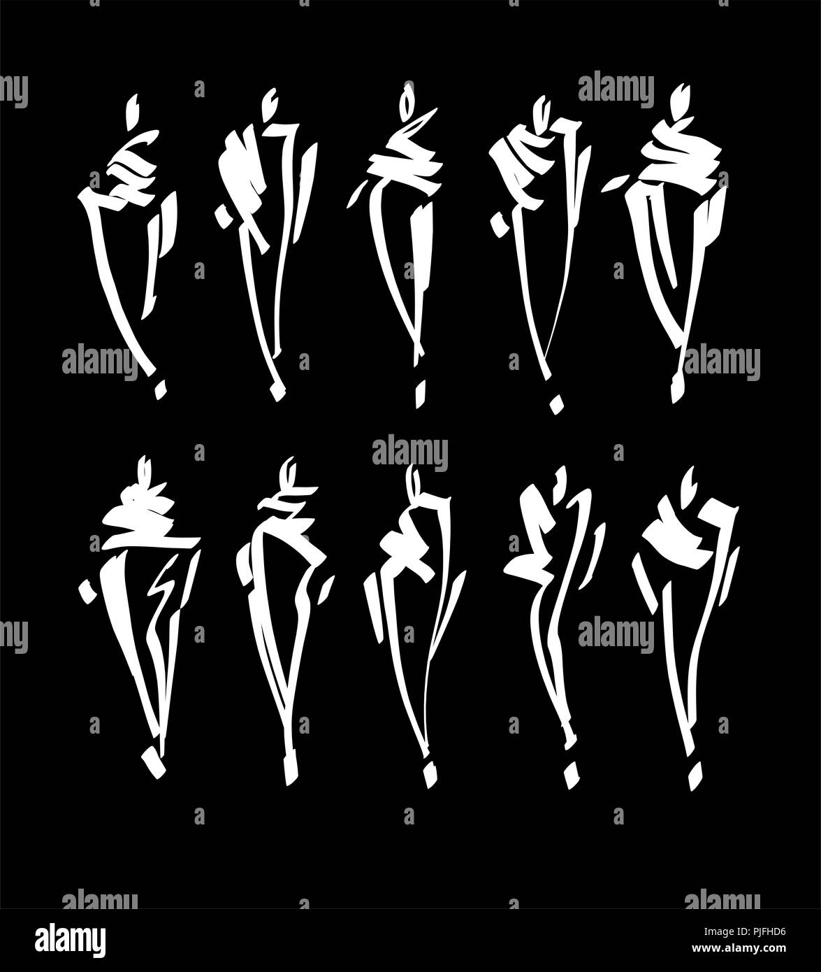 Modelli di moda Bozzetto disegnato a mano , silhouette stilizzata isolato. Vettore illustrazione moda set. Foto Stock