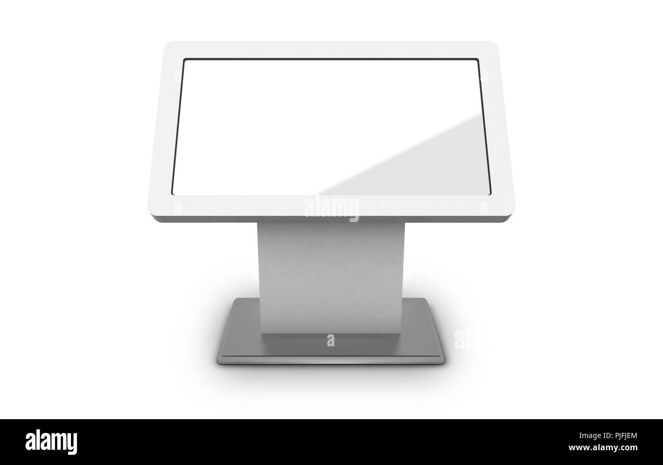 Touch screen informazioni digital signage kiosk mock-up con etichetta modificabile e background. Il rendering 3D Foto Stock