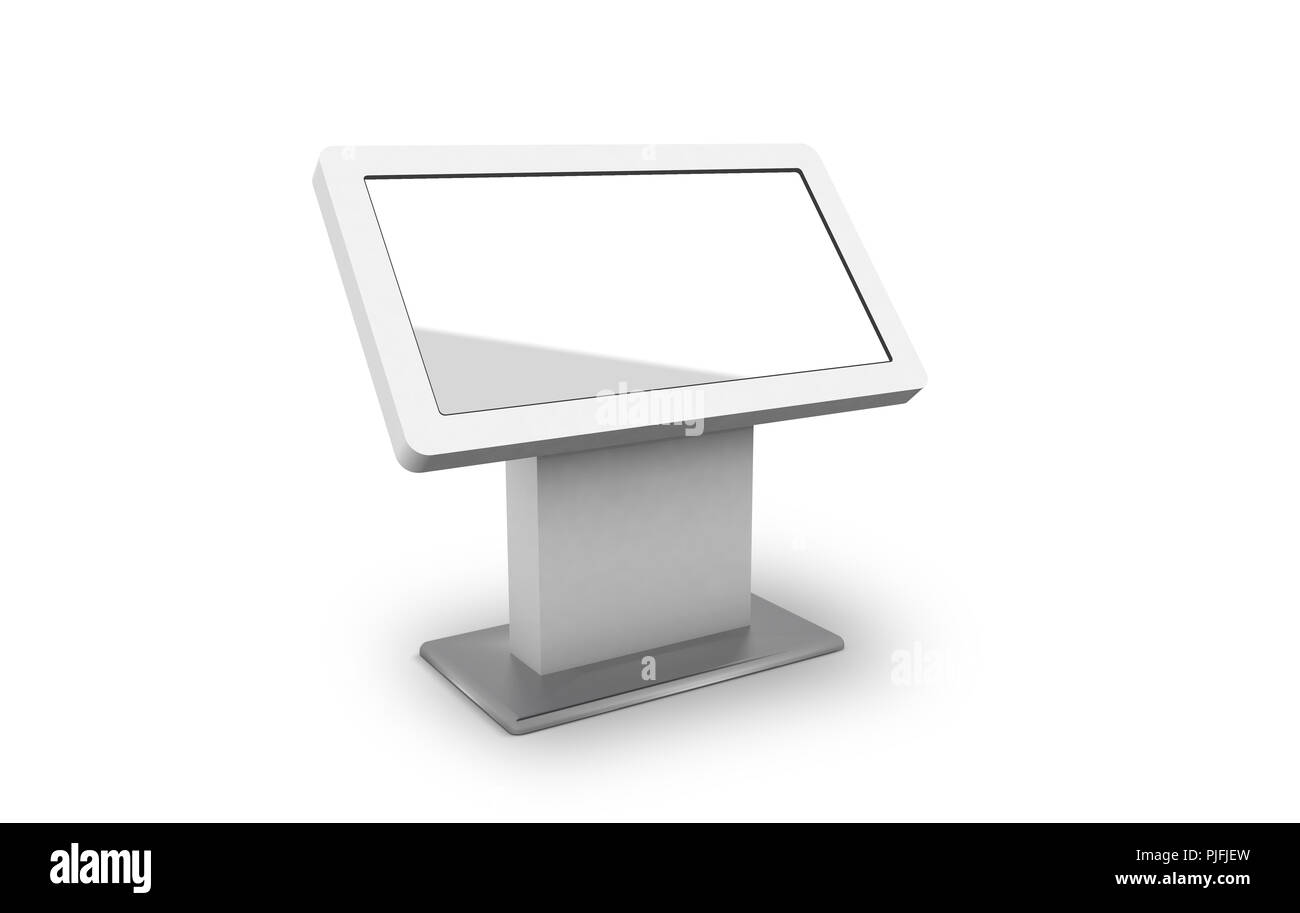 Touch screen informazioni digital signage kiosk mock-up con etichetta modificabile e background. Il rendering 3D Foto Stock
