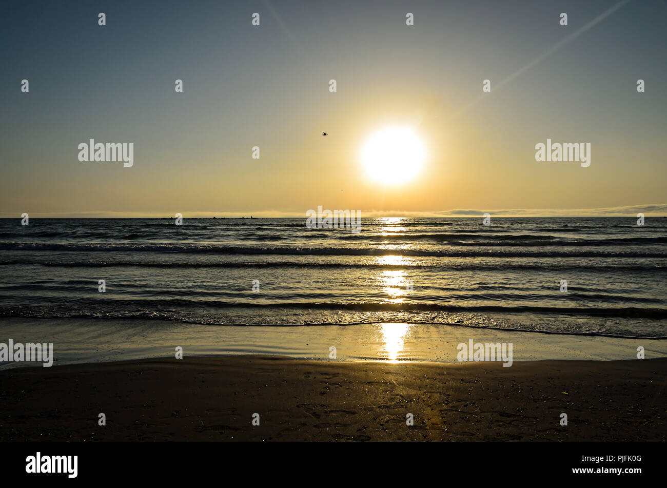 Spiaggia del Mar Nero da Mamaia, Romania all'alba , il sole caldo di atmosfera. Foto Stock