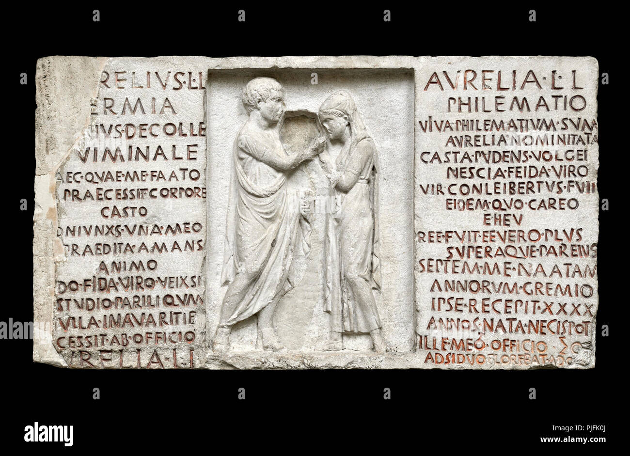 Inscritto Rilievo funerario scultura di Aurelio Hermia e moglie Aurelia Philematum (romana c80BC) da una tomba di Via Nomentana, Roma. (Intaglio) Britis Foto Stock