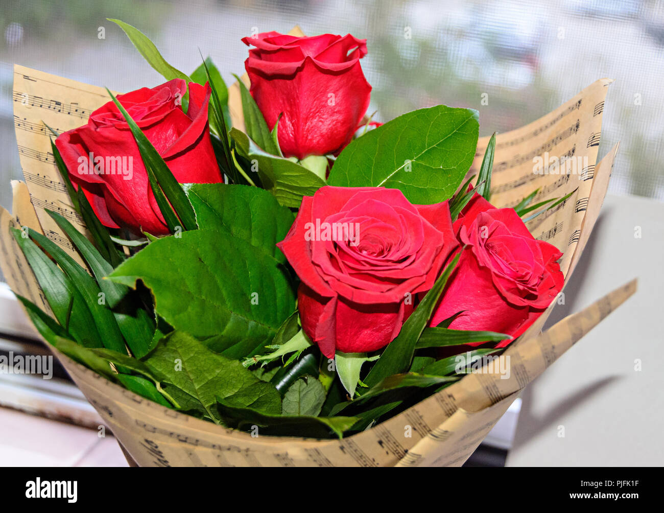 Bouquet di rose rosse fiori vicino, coperchio carta, Verde foglie. Foto Stock