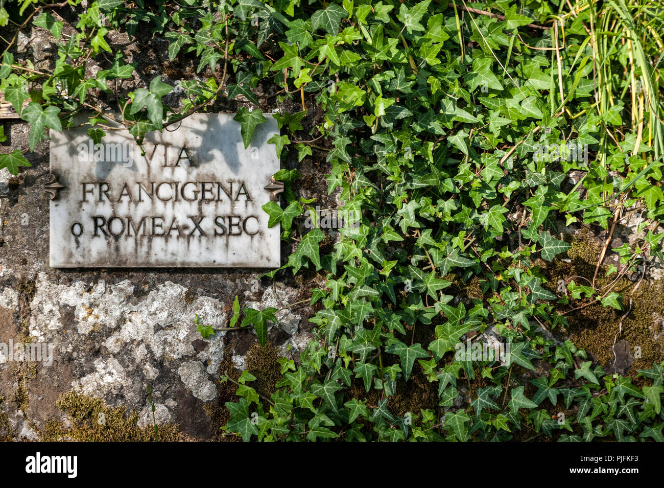 La Via Francigena, è uno dei migliori passeggiate in Italia e uno dei migliori del mondo a piedi, trekking e passeggiate. Foto Stock