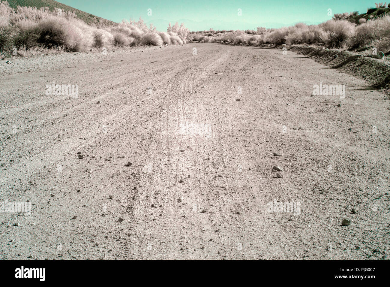 Backcountry strada sterrata che conduce nel deserto sotto la luce blu del cielo. Foto Stock