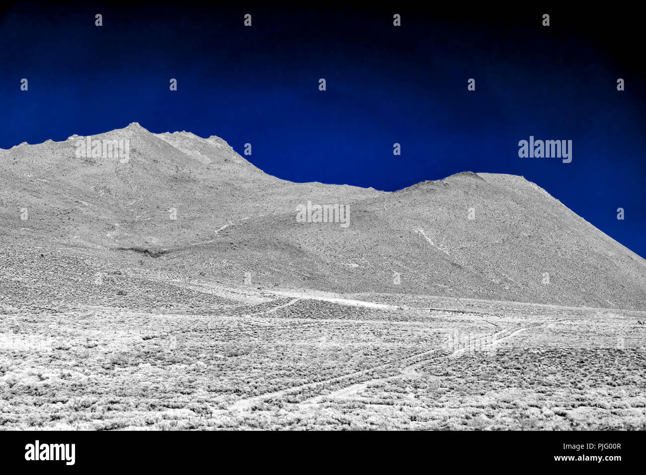Valle del deserto con la strada sterrata che conduce nelle montagne brulle sotto un cielo blu. In bianco e nero con un colore. Foto Stock
