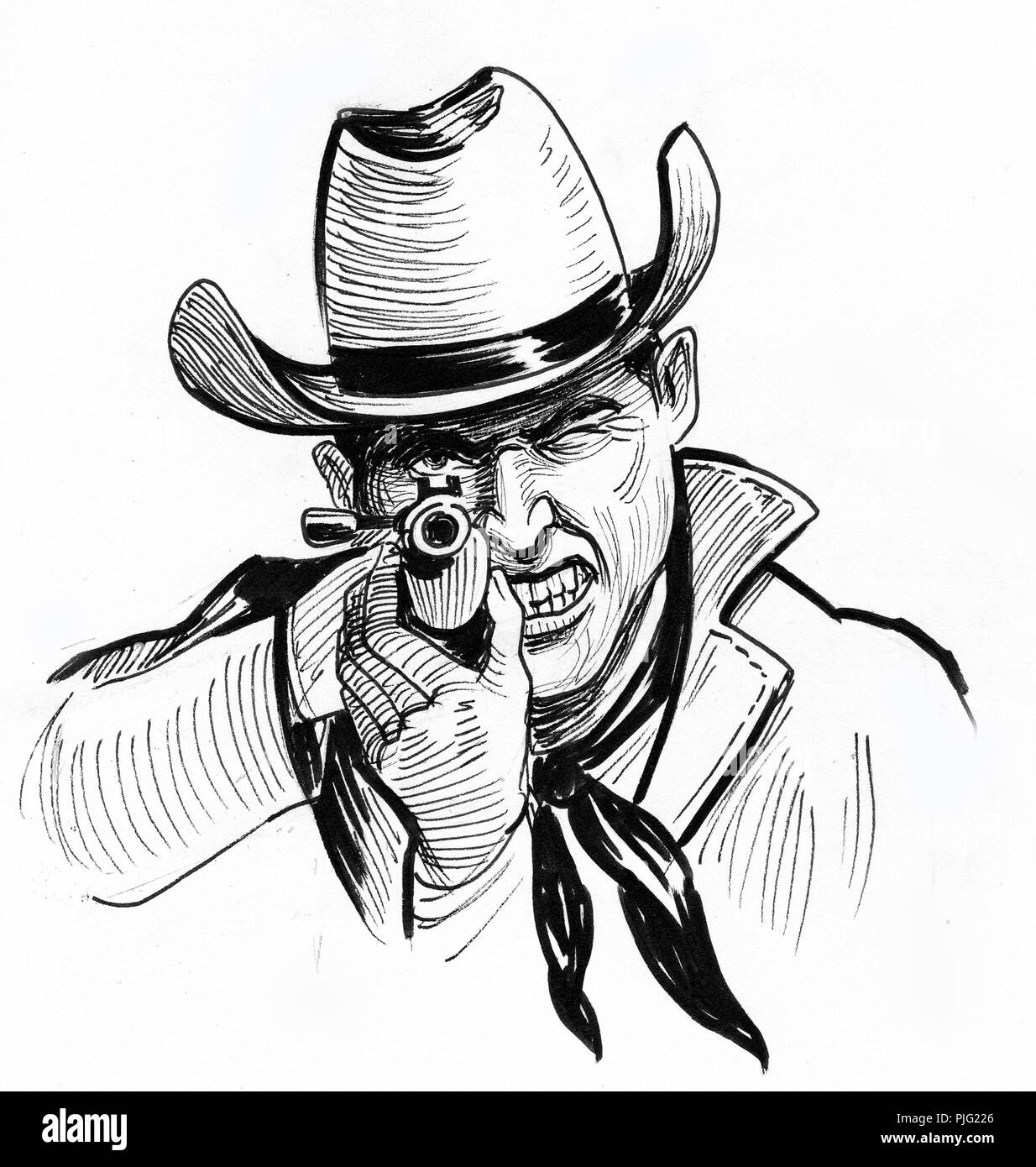 Bandit pistola di puntamento a voi. L'inchiostro bianco e nero illustrazione Foto Stock