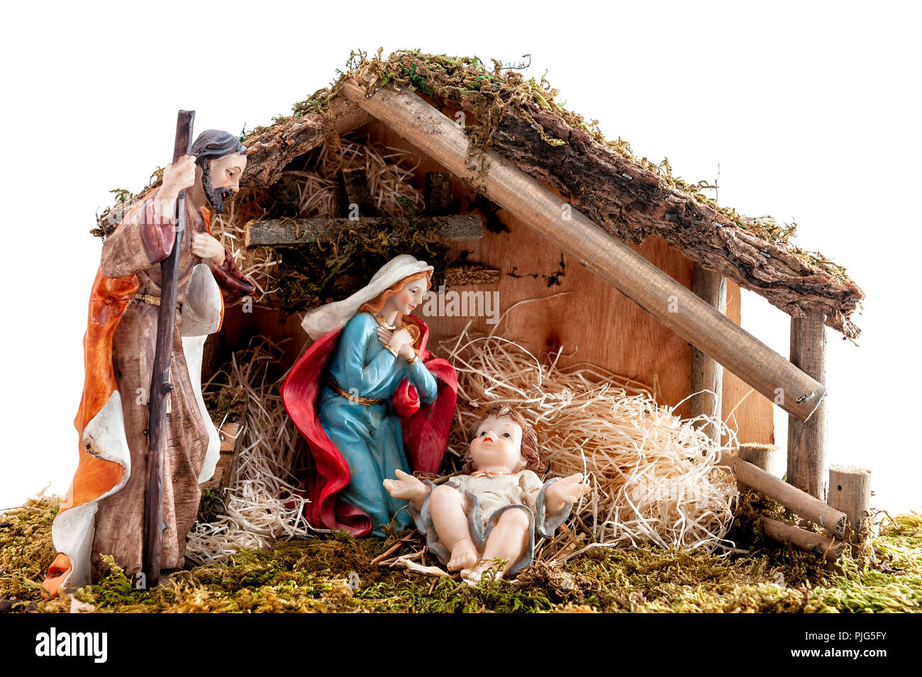 Presepe. Capanna con Gesù Bambino nella mangiatoia, con Maria e Giuseppe.  Isolato su sfondo bianco Foto stock - Alamy