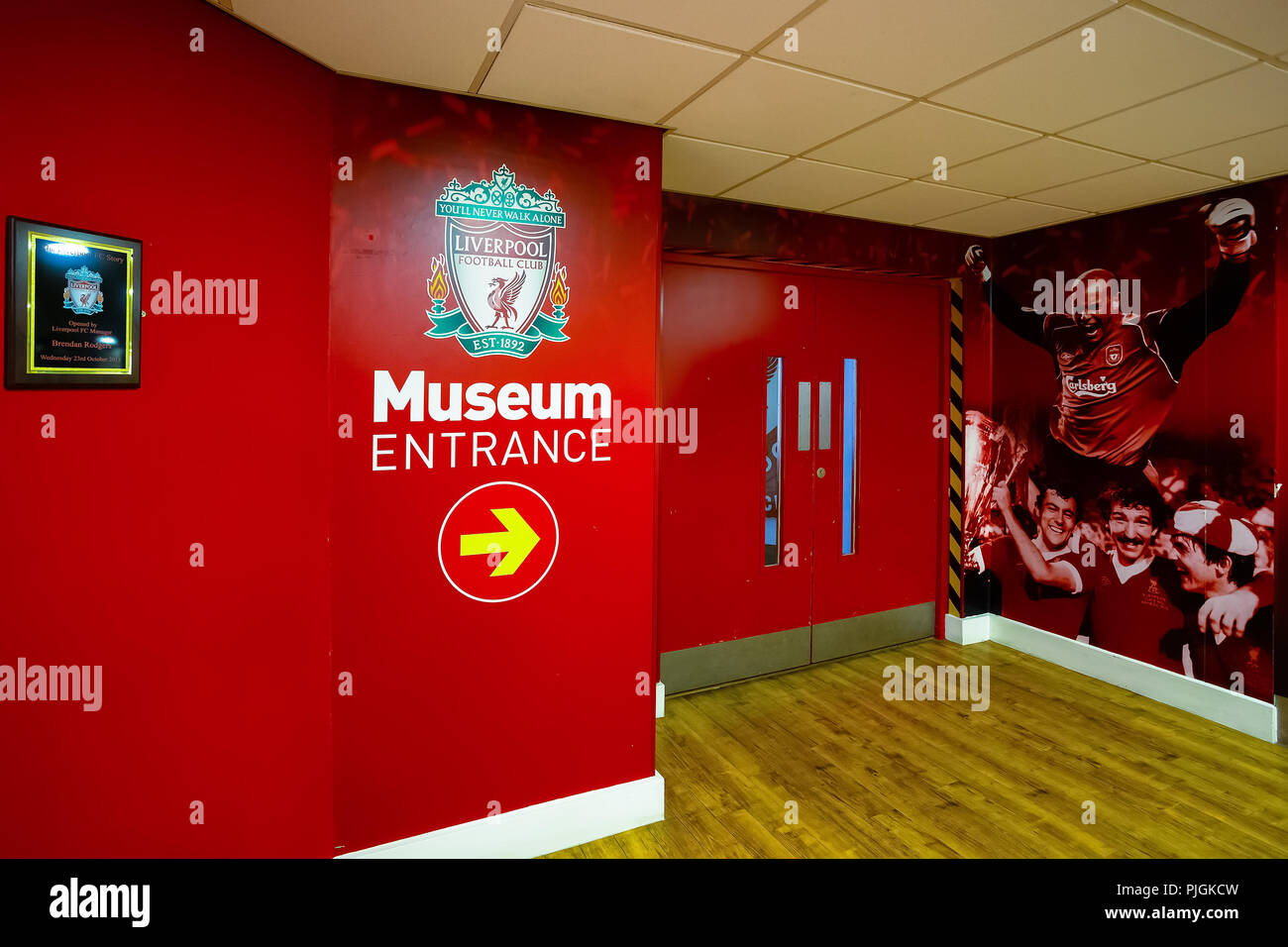 LIVERPOOL, Regno Unito - 17 Maggio 2018: Il Liverpool FC Story è il museo dedicato a stelle del passato al presente, profili dei giocatori e vide Foto Stock