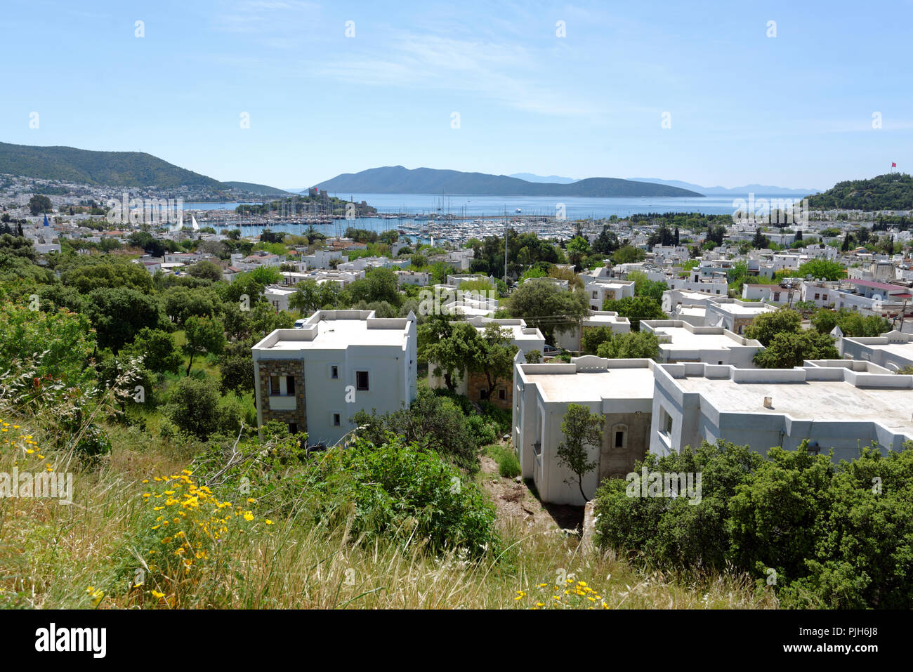 Paesaggio di Bodrum, Turchia con Harbour e Castel San Pietro Foto Stock