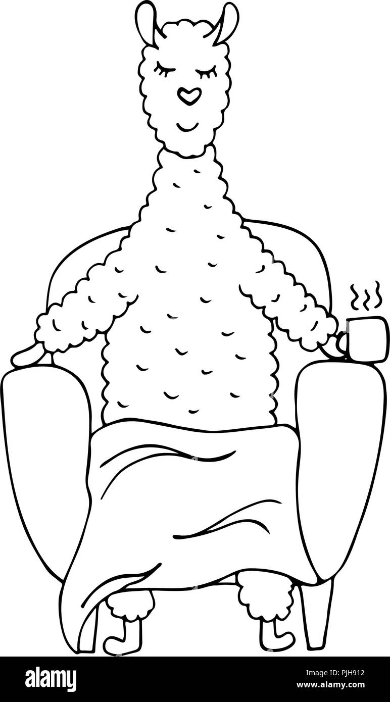 Linea monocromatica disegnati a mano lama in poltrona con una tazza di cacao. Accogliente d'inverno. Illustrazione Vettoriale