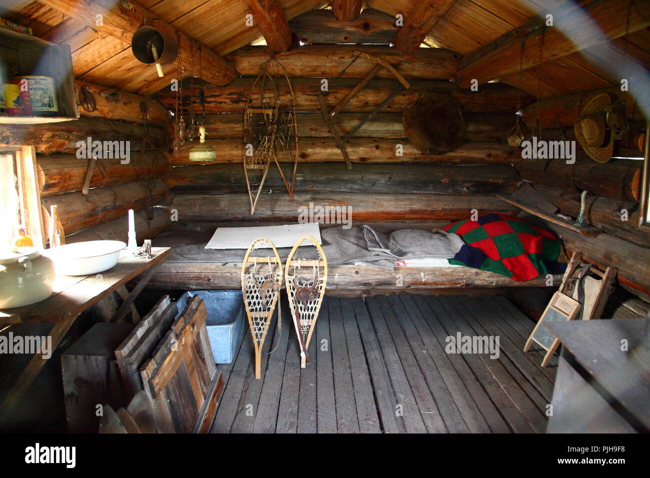 Interno del 1930 cacciatori cabina in corrispondenza di 100Mile House Heritage Centre,Caribou County,British Columbia, Canada Foto Stock