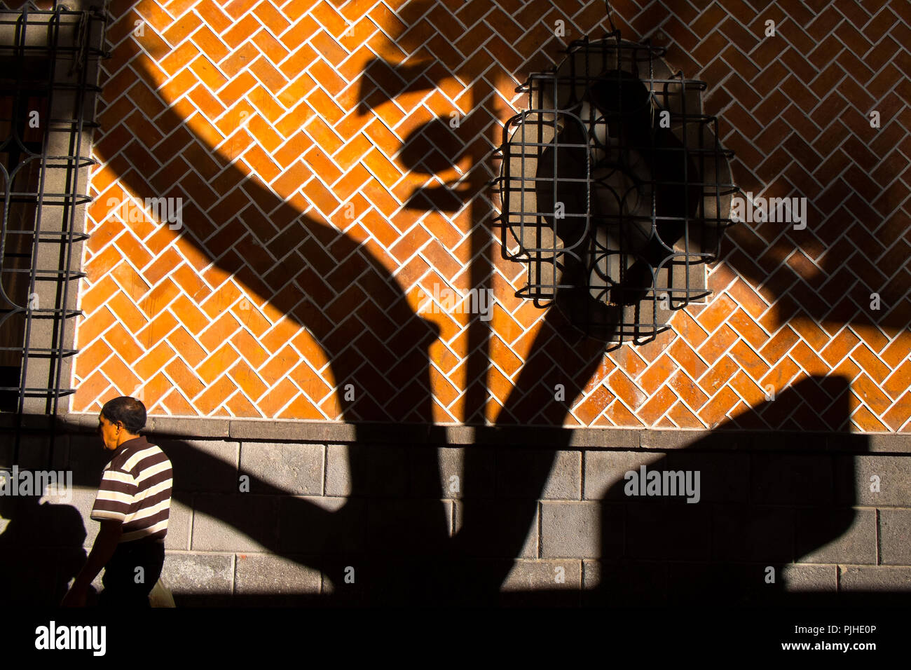 Uomo che indossa striped shirt contro una parete a motivi geometrici e le ombre, Puebla, Messico Foto Stock