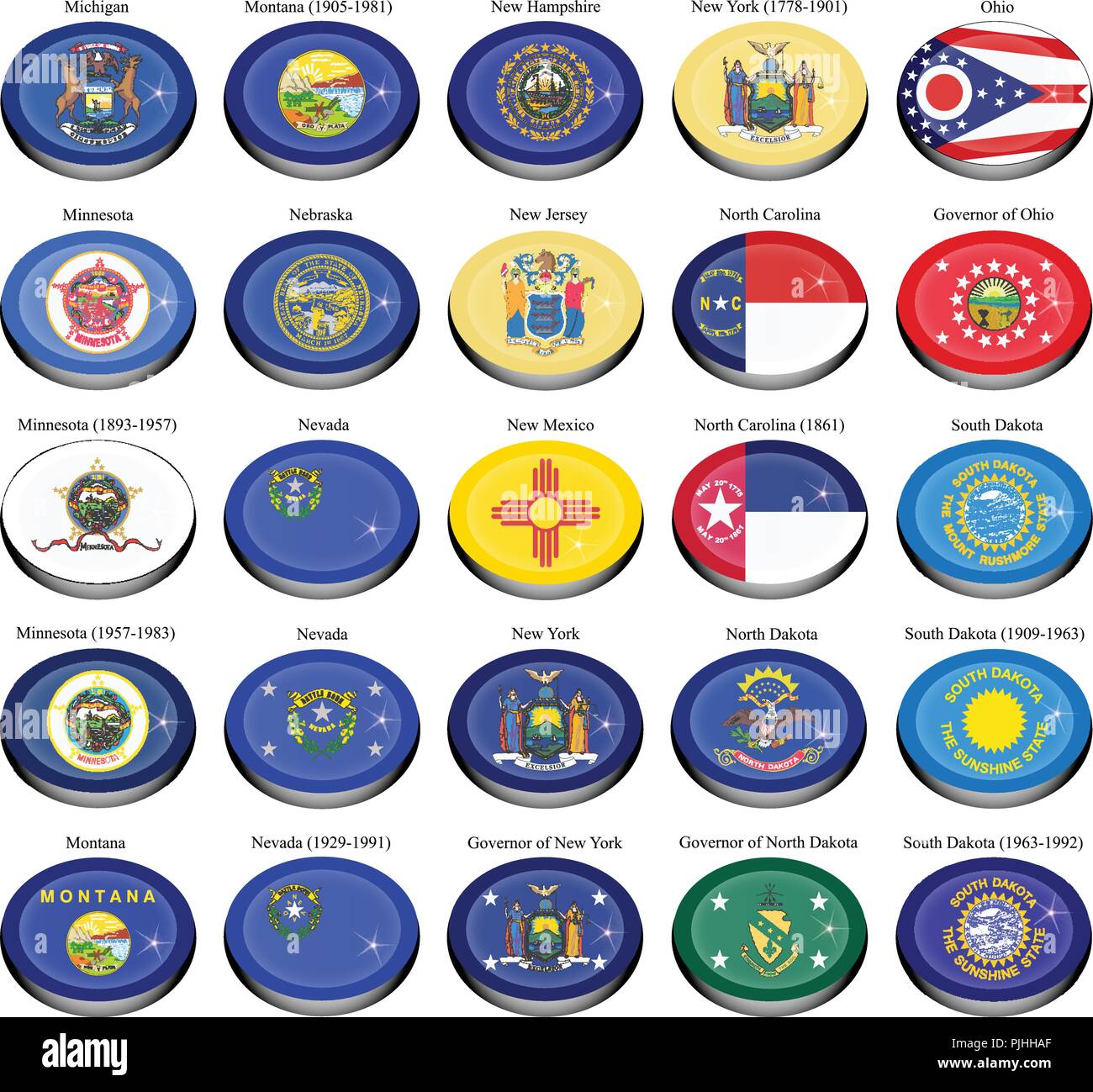 Set di icone. Stati e territori degli Stati Uniti d'America bandiere. Illustrazione Vettoriale
