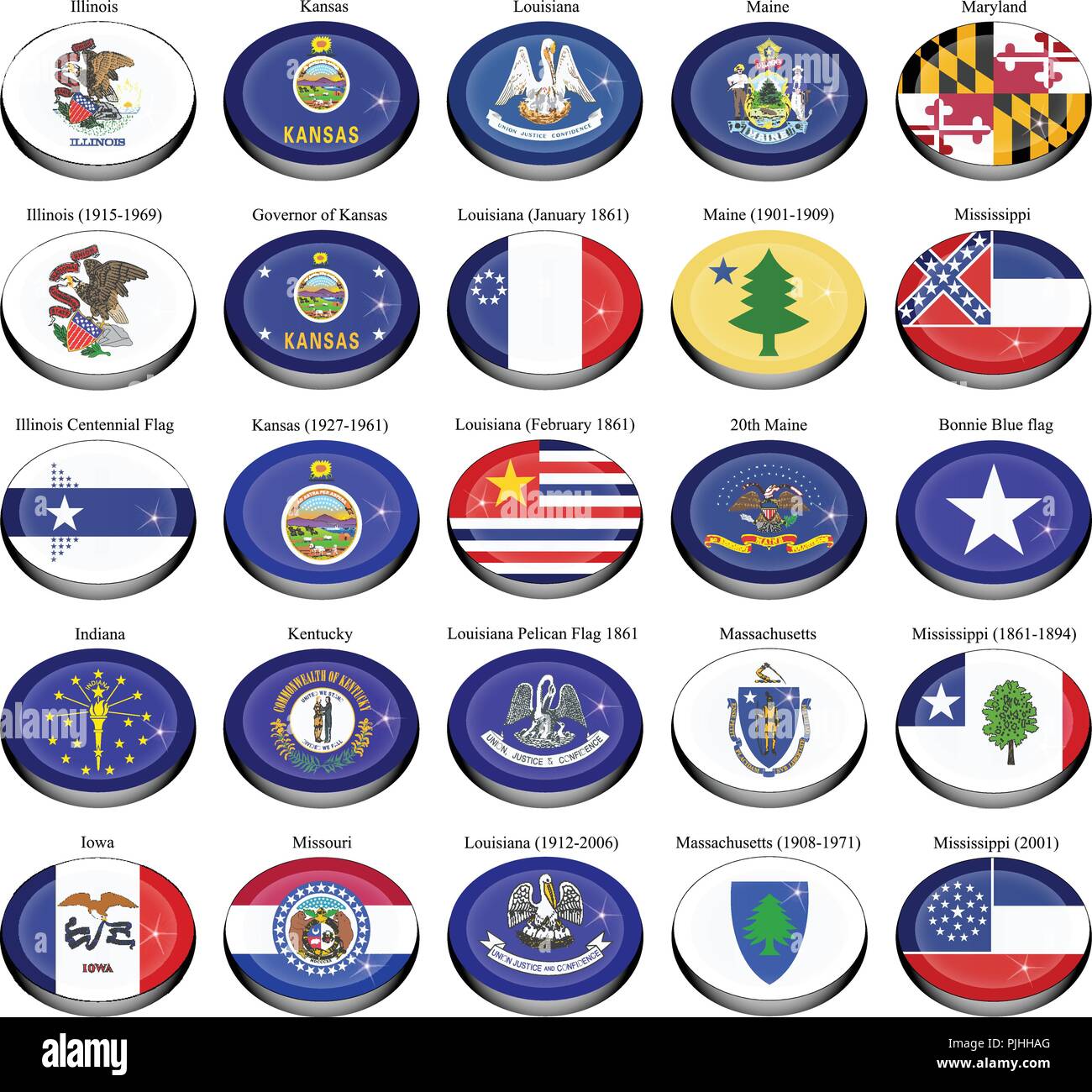 Set di icone. Stati e territori degli Stati Uniti d'America bandiere. Illustrazione Vettoriale
