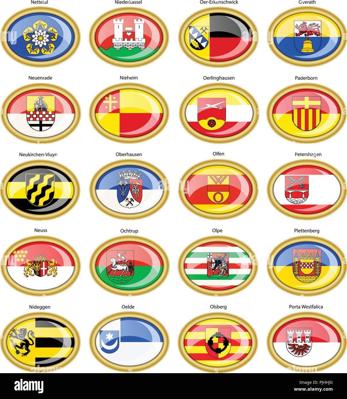 Set di icone. Bandiere delle città tedesche (Renania settentrionale-Vestfalia). Vettore. 3D. Illustrazione Vettoriale