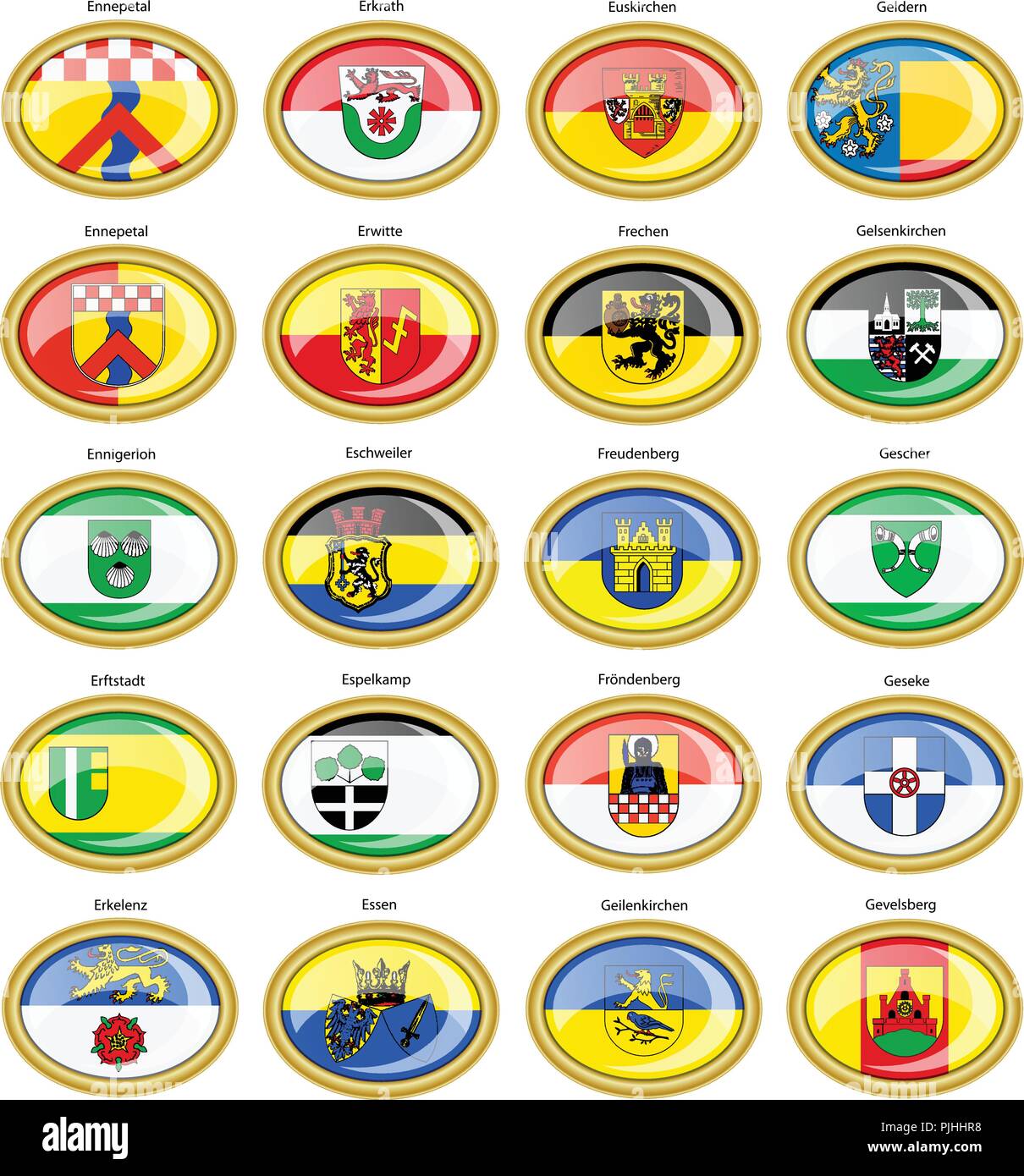 Set di icone. Bandiere delle città tedesche (Renania settentrionale-Vestfalia). Vettore. 3D. Illustrazione Vettoriale