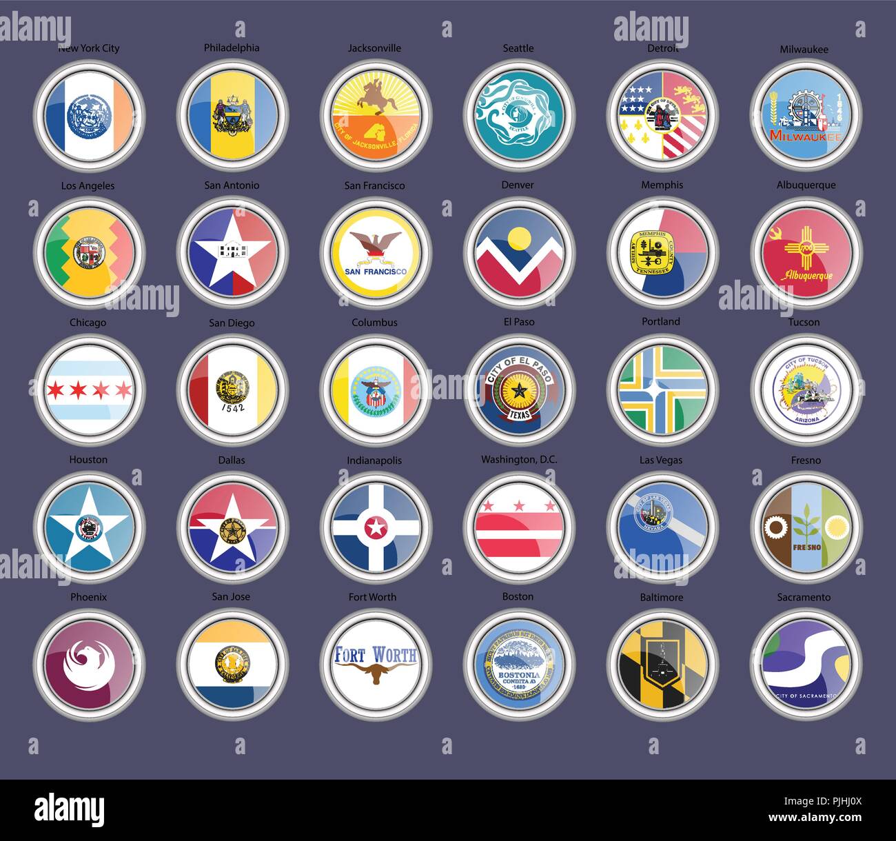 Set di icone. Città degli STATI UNITI D'AMERICA bandiere. Vettore. Illustrazione Vettoriale