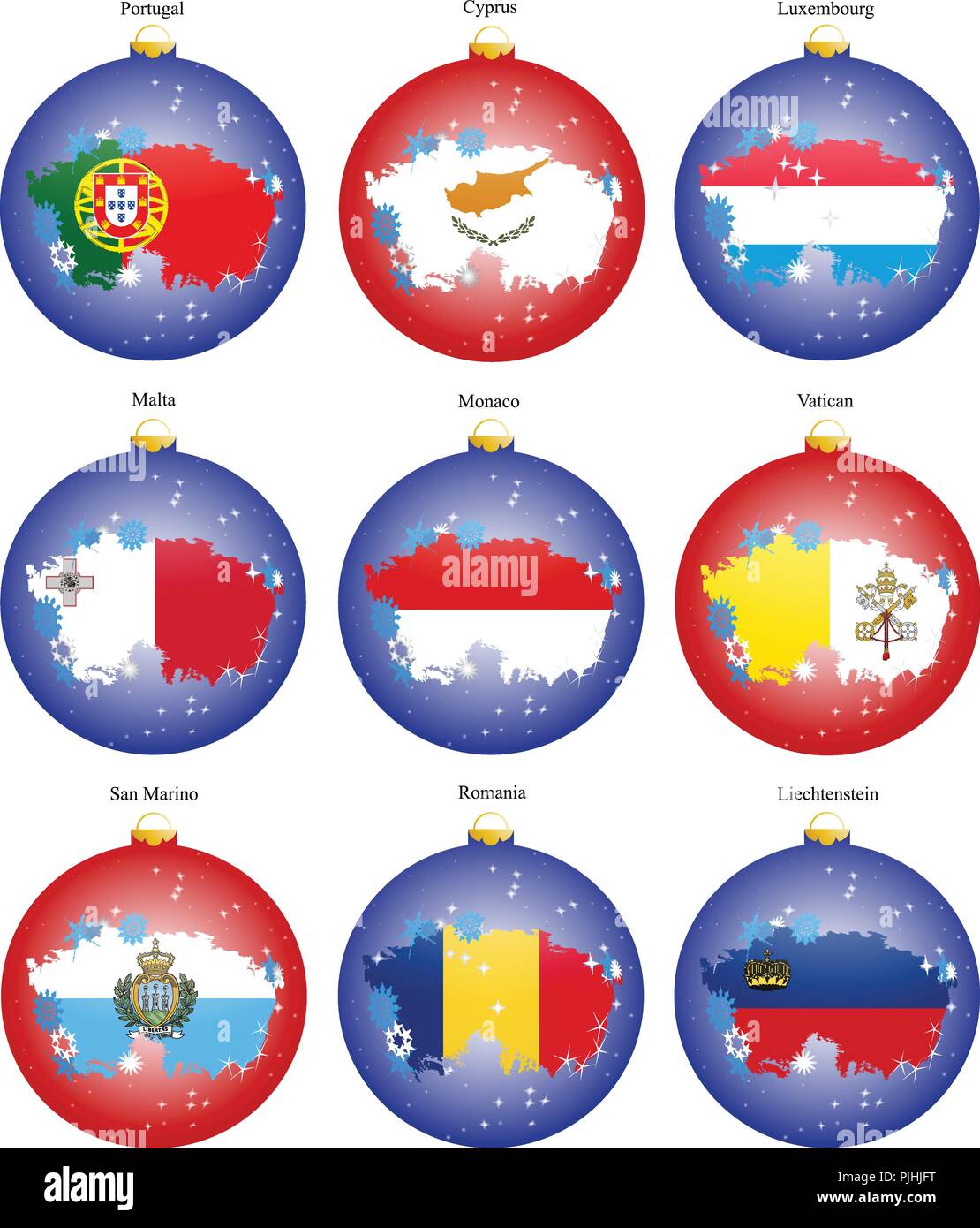 Set di icone. Albero di natale sfere con bandiere dell'Europa. Vettore. 3D. Illustrazione Vettoriale