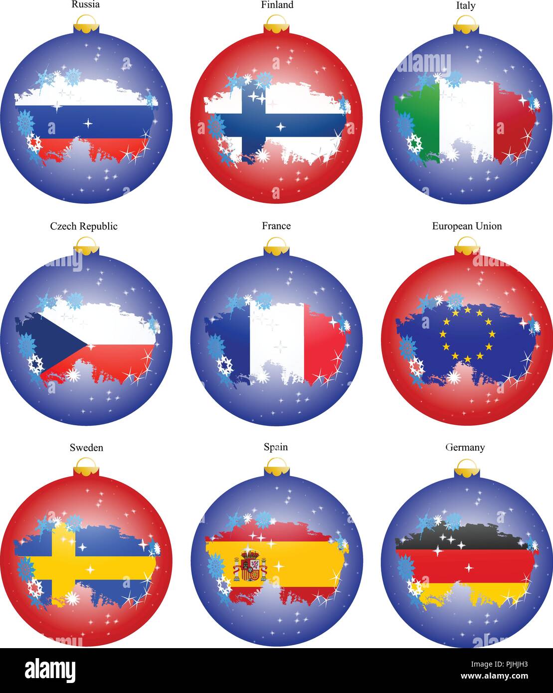 Set di icone. Albero di natale sfere con bandiere dell'Europa. Vettore. 3D. Illustrazione Vettoriale