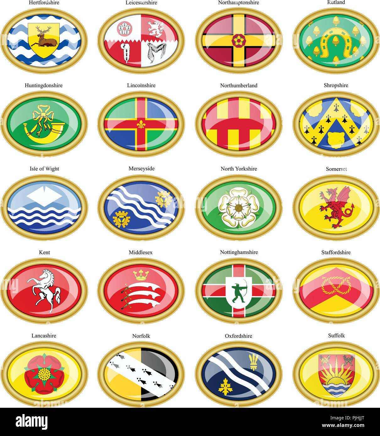 Set di icone. Contee dell'Inghilterra bandiere. 3D. Illustrazione Vettoriale
