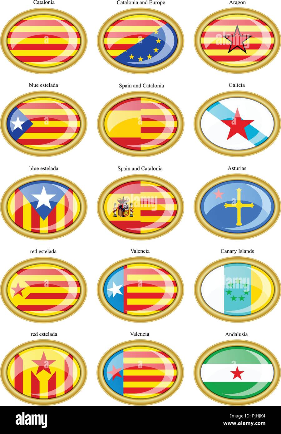 Set di icone. Bandiere di movimenti separatisti all'interno della Spagna. 3D. Illustrazione Vettoriale