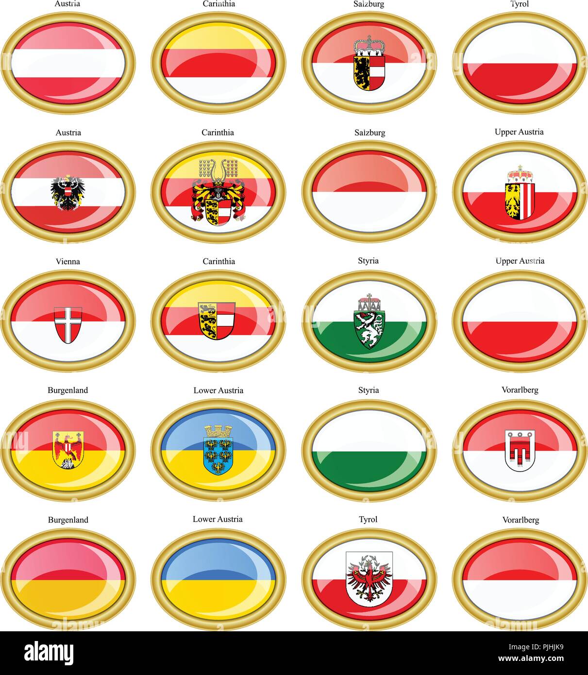 Set di icone. Regioni dell'Austria bandiere. 3D. Illustrazione Vettoriale