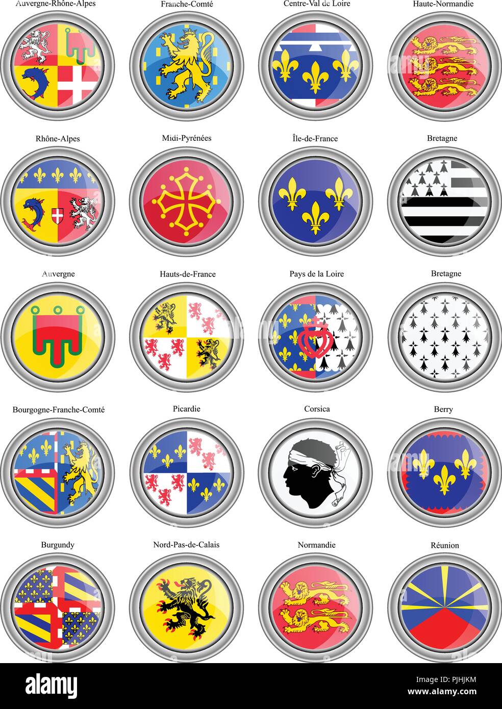 Set di icone. Regioni della Francia bandiere. Illustrazione Vettoriale