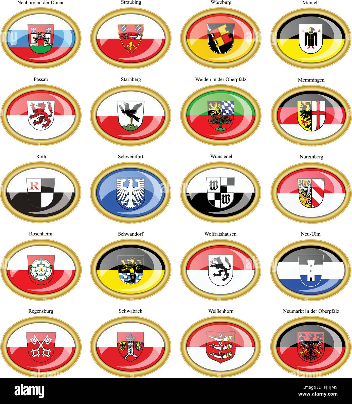 Set di icone. Bandiere delle città tedesche (Baviera). Illustrazione Vettoriale