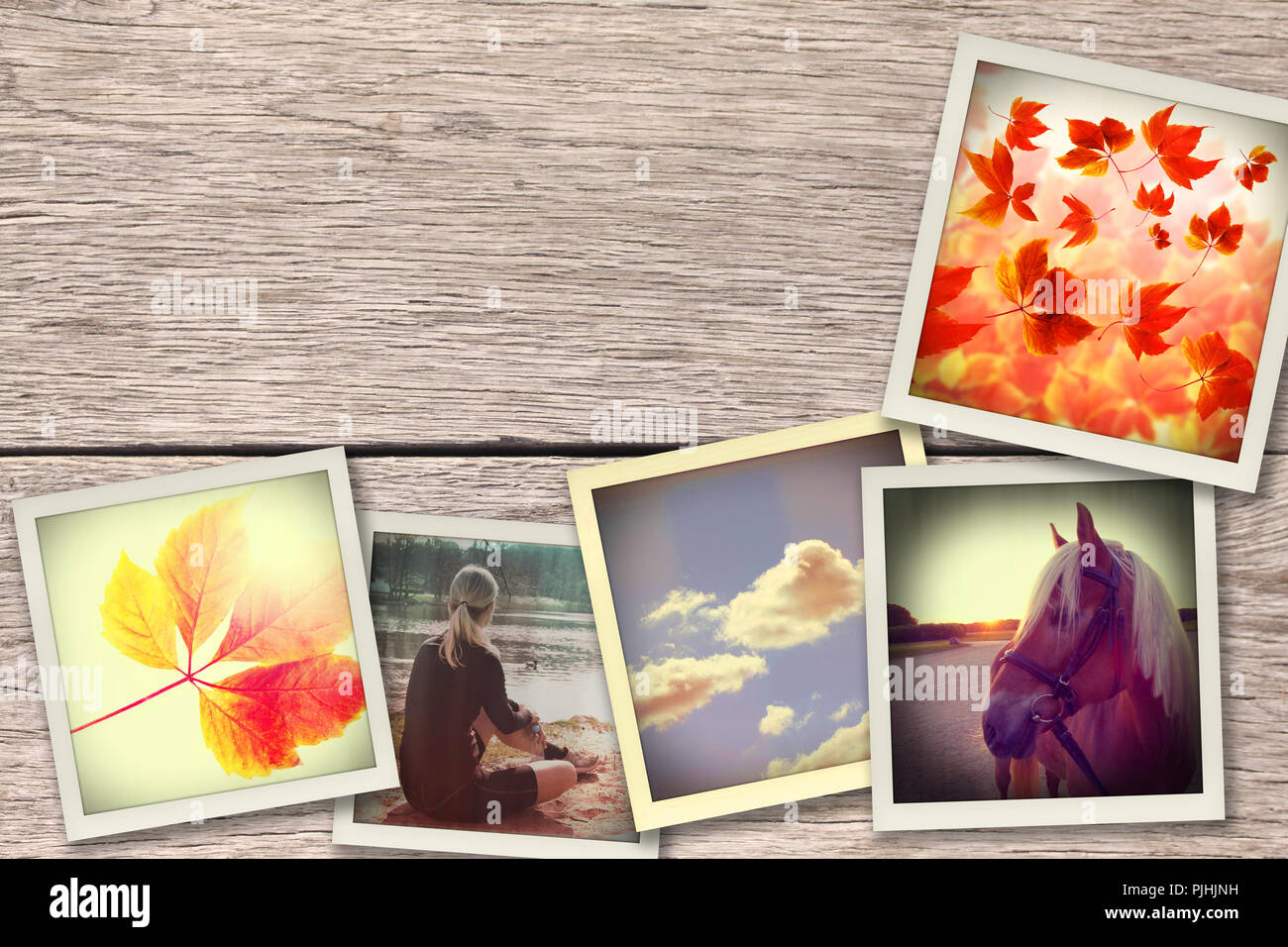 Autunno foto istantanee con motivi di caduta foglie, bionda ragazza attiva nuvole e un cavallo nel tramonto sdraiati su un sfondo di legno con copia spazio per writin Foto Stock