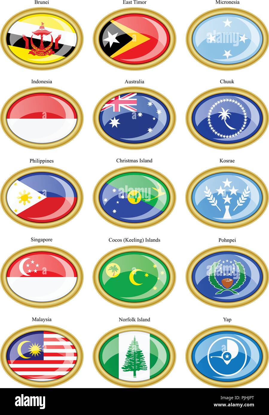 Set di icone. Bandiere di Indo-Australian arcipelago e Micronesia. Illustrazione Vettoriale