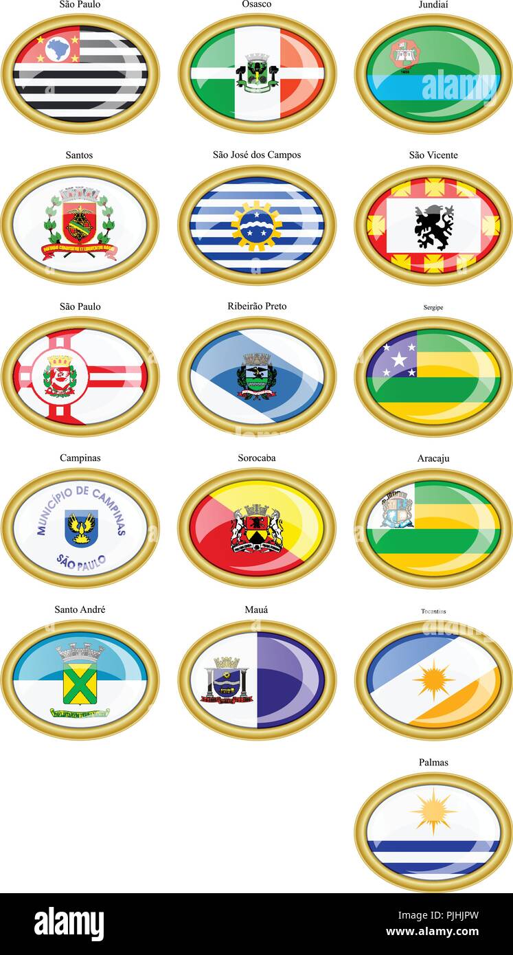Set di icone. Bandiere degli Stati brasiliani e città. Illustrazione Vettoriale