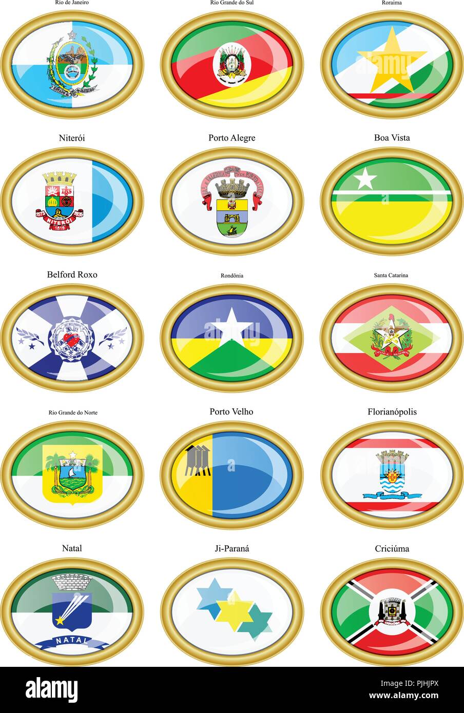 Set di icone. Bandiere degli Stati brasiliani e città. Illustrazione Vettoriale