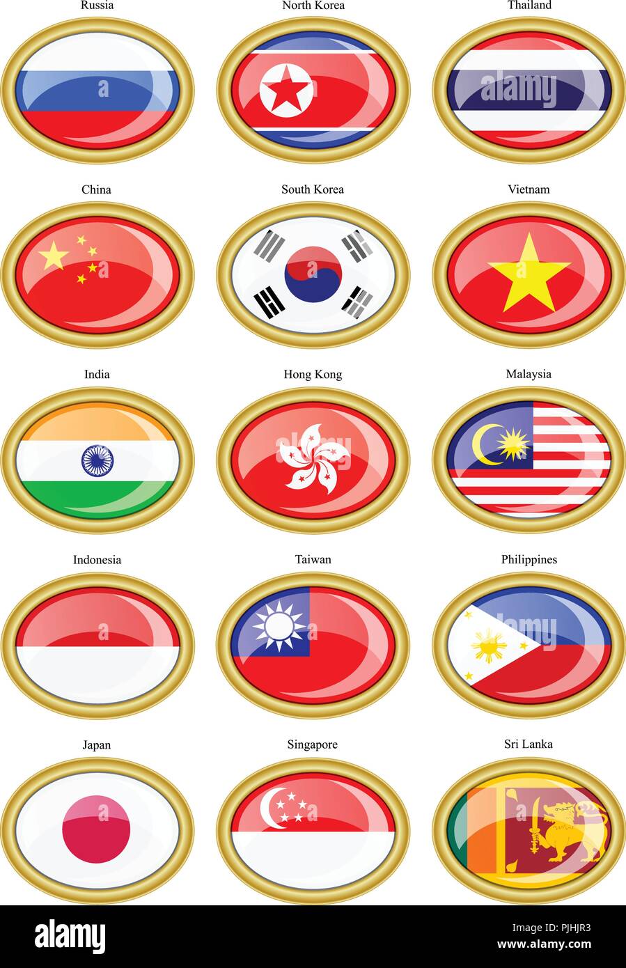 Set di icone. Bandiere dell'Asia. Illustrazione Vettoriale