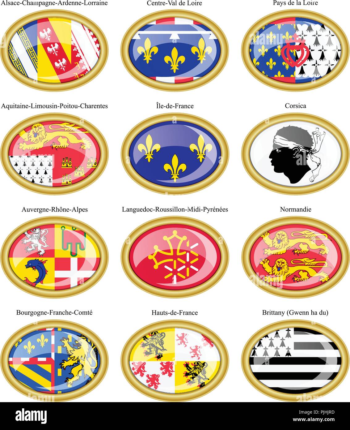 Set di icone. Regioni della Francia bandiere. Illustrazione Vettoriale