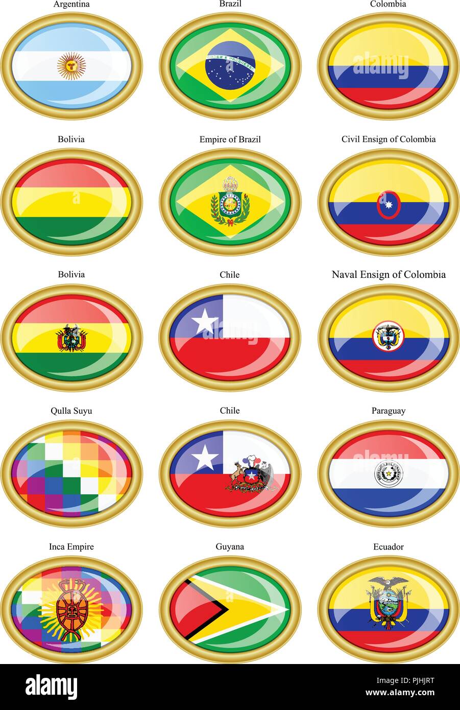 Set di icone. Le bandiere del Sud America. Illustrazione Vettoriale