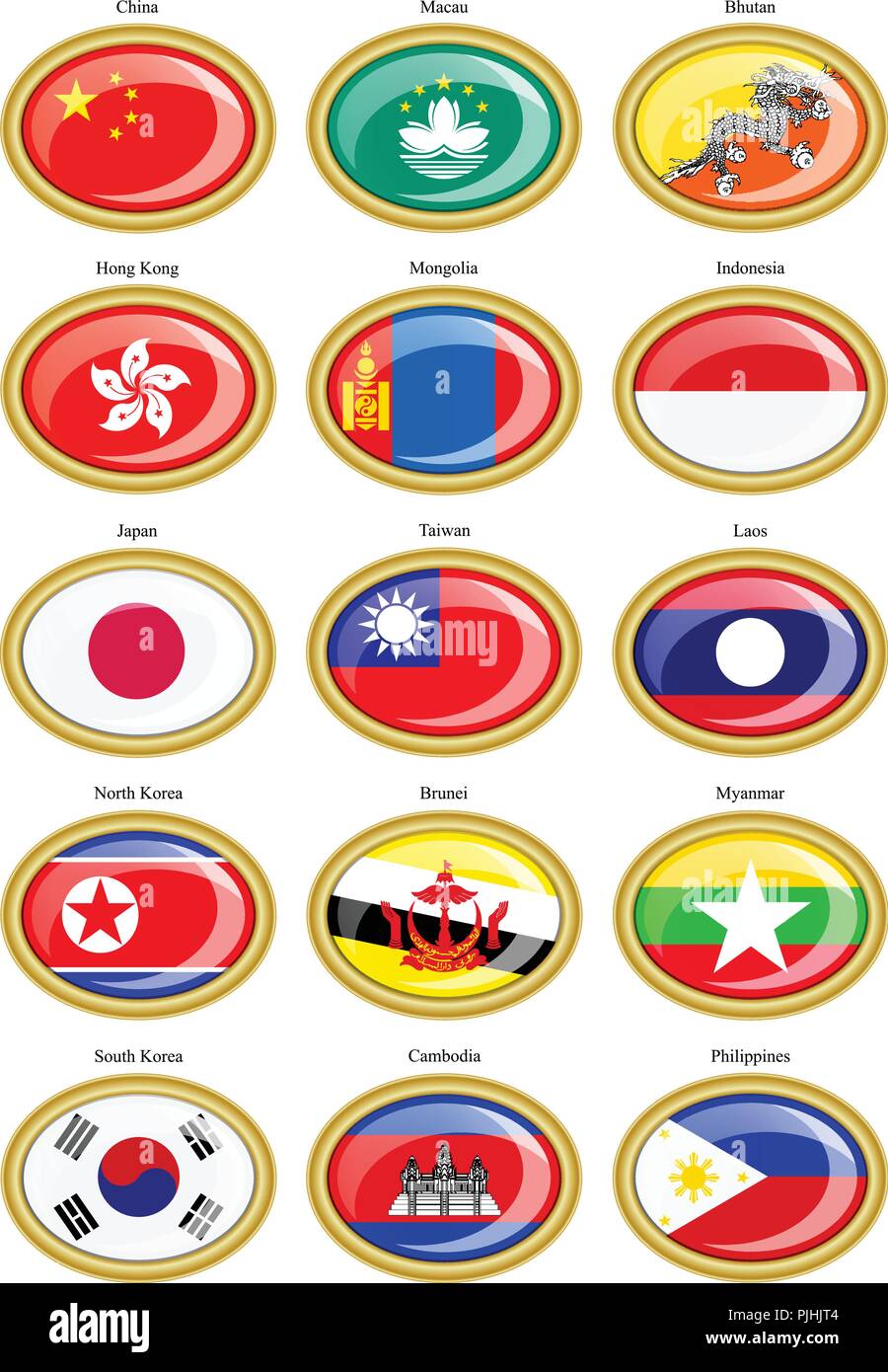 Set di icone. Bandiere dell'Asia. Illustrazione Vettoriale