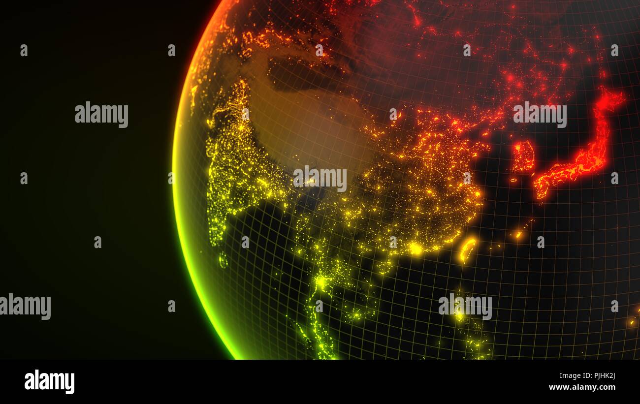 Dark Earth globo incandescente con dettagli della città e della popolazione umana aree di densità. 3d illustrazione Foto Stock
