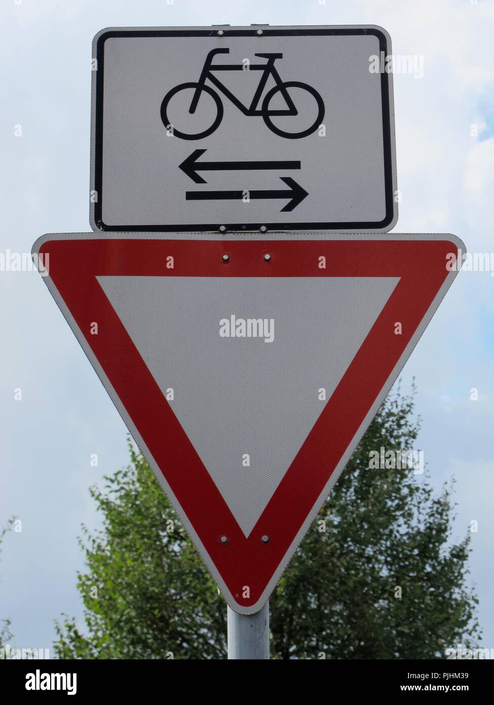 Segno di traffico segno su strada pedonale bici Foto Stock