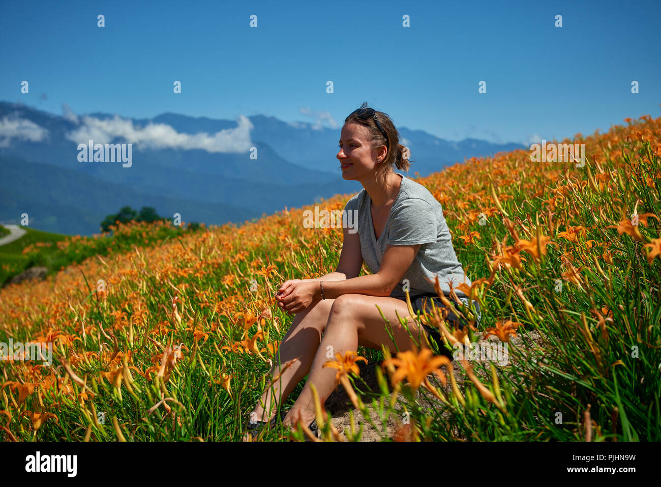 Giovane donna seduta nei campi di fiori d'arancio con le montagne sullo sfondo Foto Stock