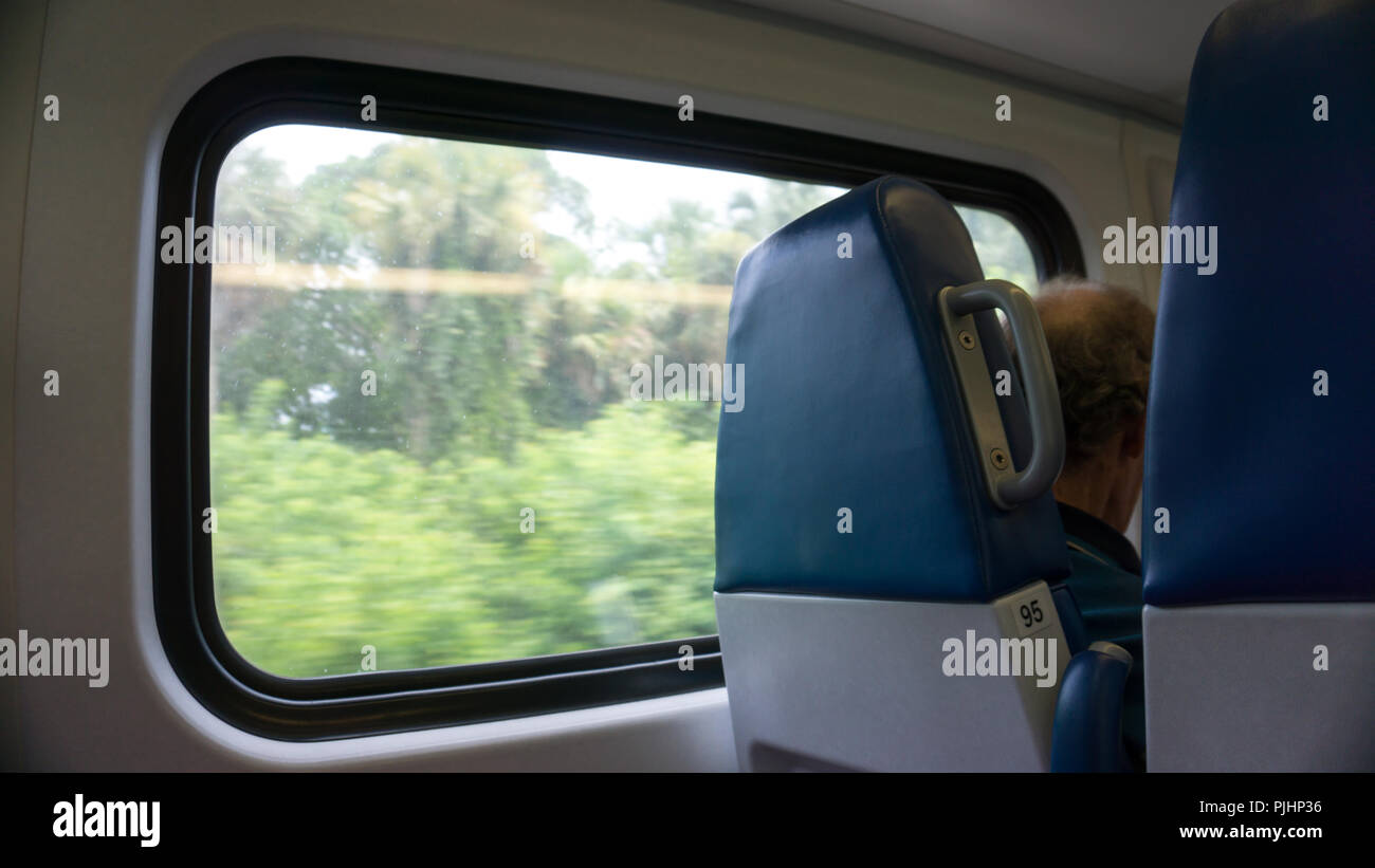 Il passeggero guardando attraverso la finestra da dietro mentre si viaggia in tri-rail, Fort Lauderdale e Miami. Stati Uniti d'America - 30 agosto 2018 Foto Stock