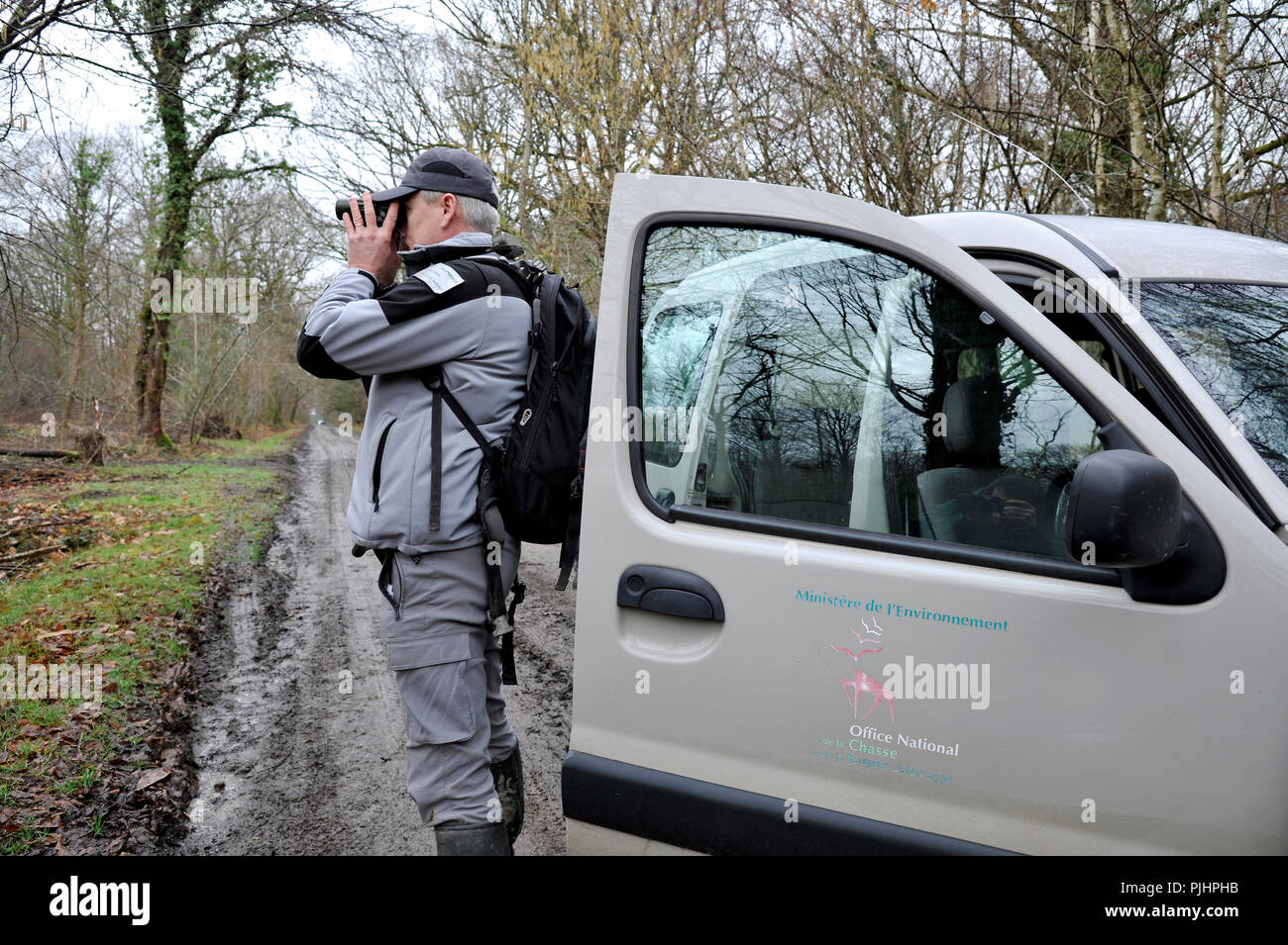 Francia, ufficiale del francese la politica ambientale di pattuglia osservando con il binocolo durante una battuta di caccia nel dipartimento Loire-Atlantique. Foto Stock