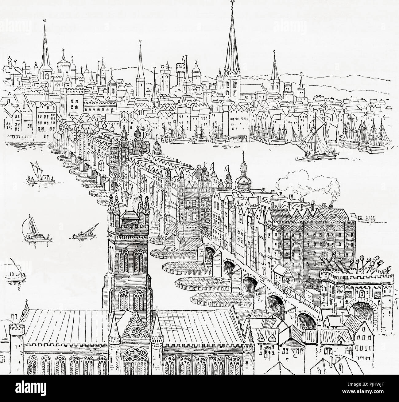 Il vecchio ponte di Londra,(1209 - 1831) Londra, Inghilterra nel XIX secolo. Il dentato per capi di eseguito i criminali possono essere visti in precedenza il Southwark gatehouse. Da Londra Foto, pubblicato 1890. Foto Stock