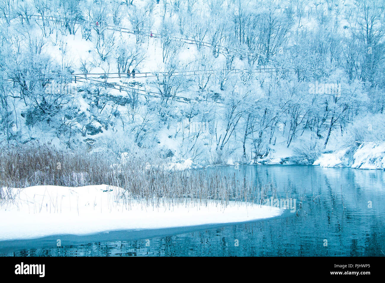 Vista panoramica sul lago ghiacciato nel parco naturale dei laghi di Plitvice, Croazia Foto Stock