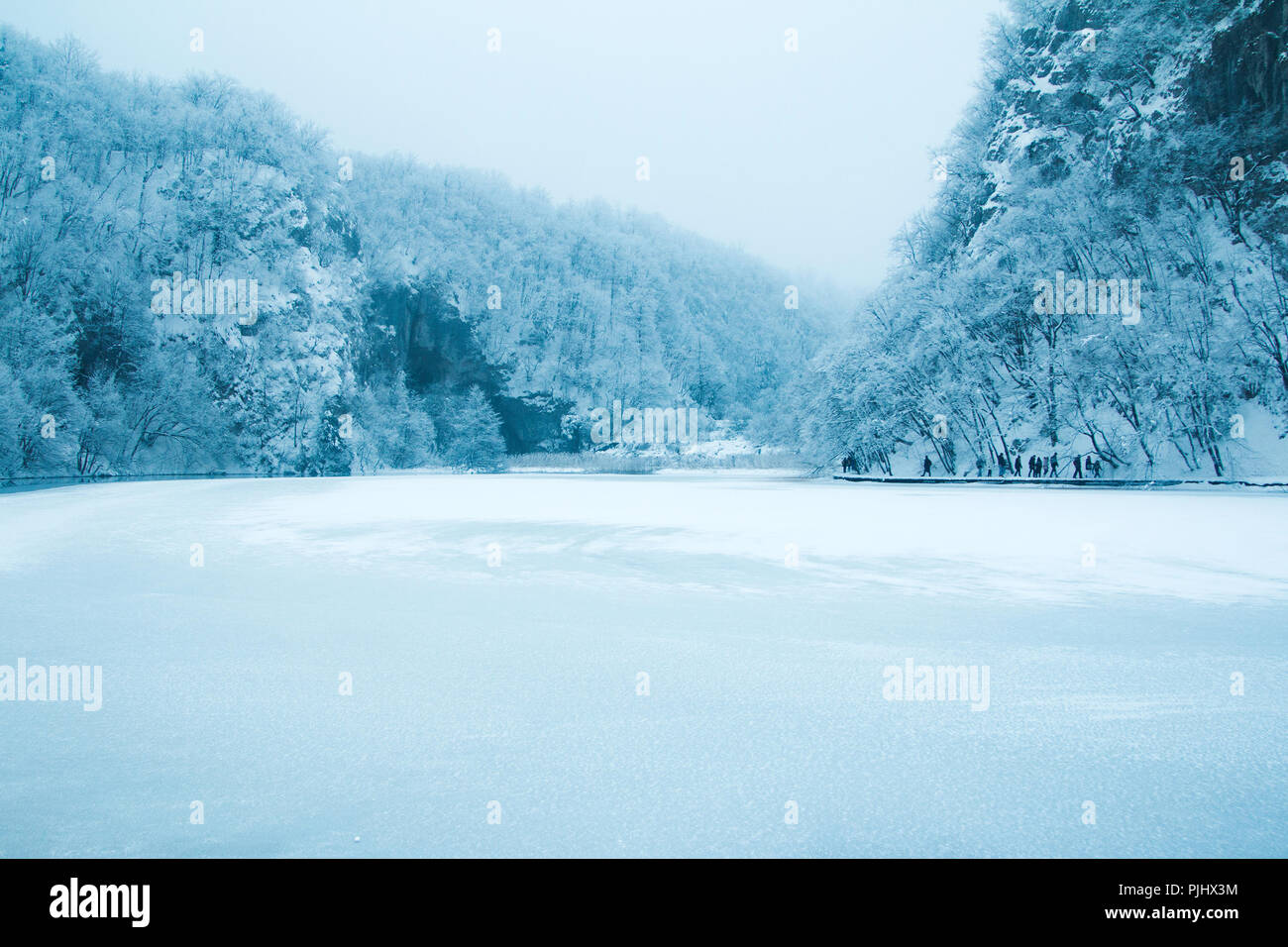 Vista panoramica sul lago ghiacciato nel parco naturale dei laghi di Plitvice, Croazia Foto Stock