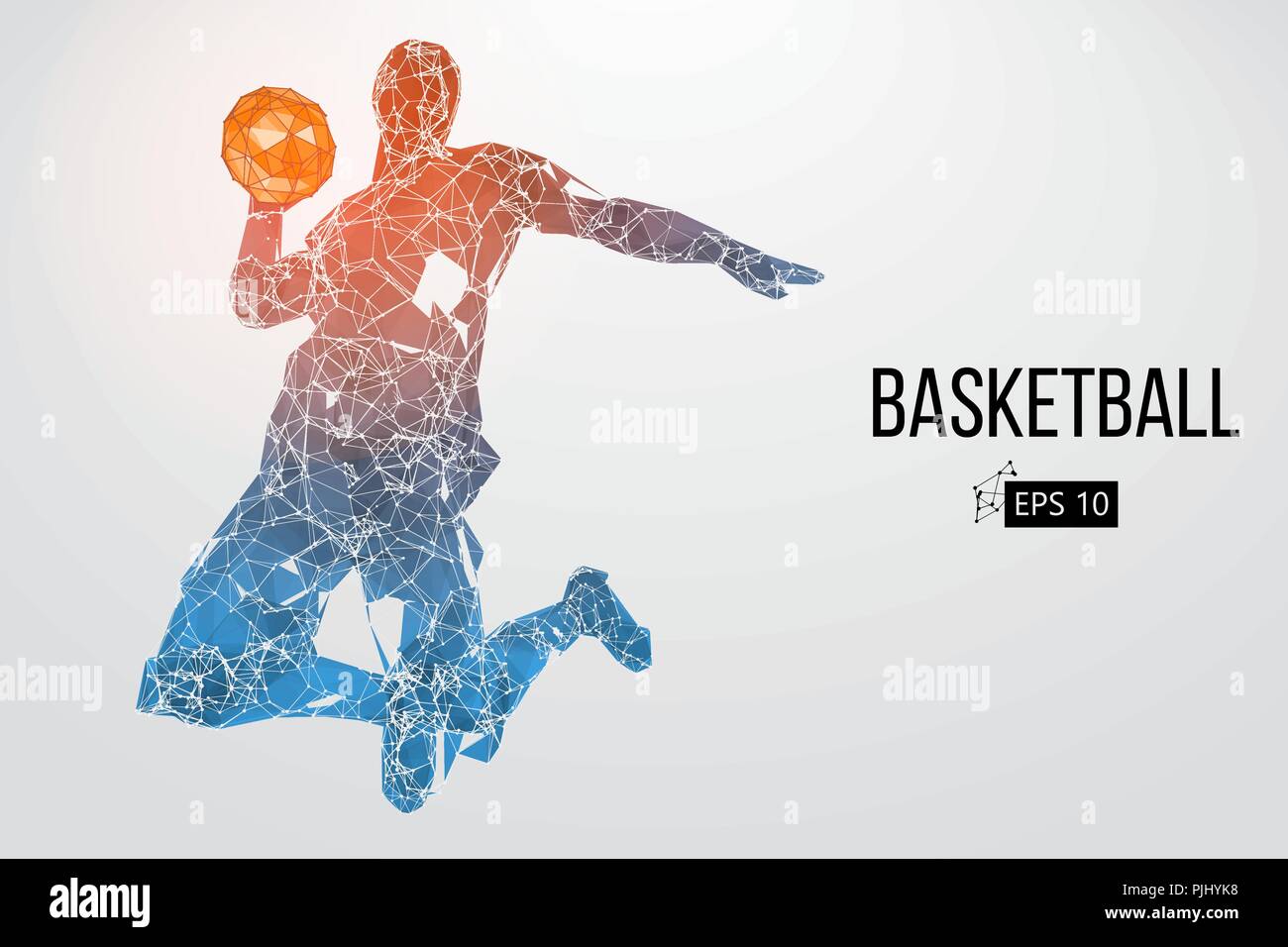 Silhouette di un giocatore di basket. Punti, linee, triangoli, il colore e gli effetti di sfondo su un strati separati, il colore può essere cambiato in un solo clic. Vecto Illustrazione Vettoriale