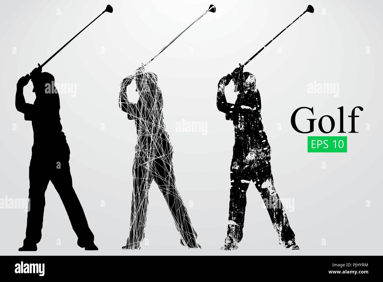 Silhouette di un giocatore di golf. Sfondo e Testo su uno strato separato, il colore può essere cambiato in un solo clic. Illustrazione Vettoriale Illustrazione Vettoriale