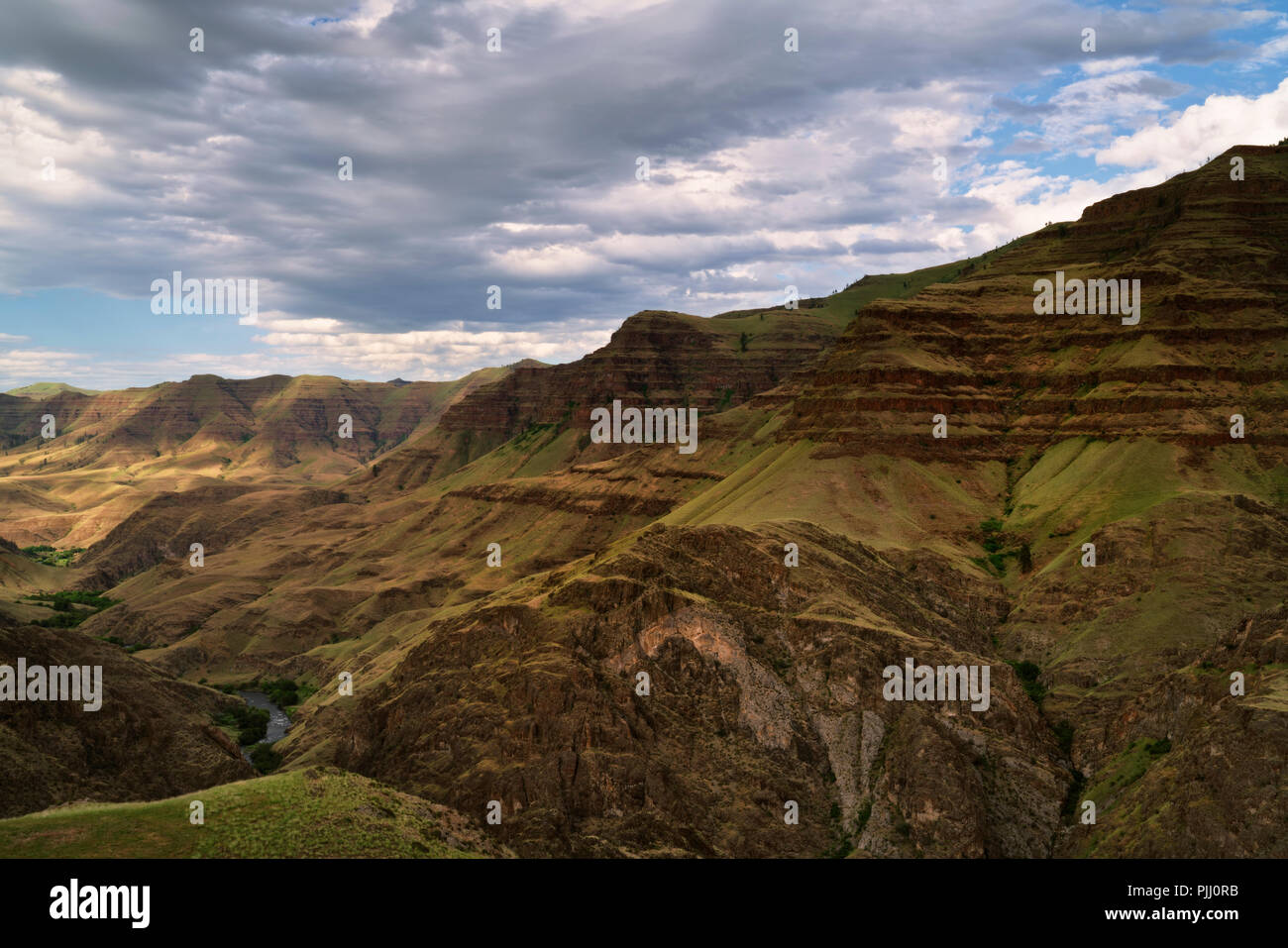 La strada sterrata per scavate Bar termina su Oregon lato del fiume Snake e offre spettacolari vedute del Fiume Imnaha Canyon lungo la strada. Foto Stock